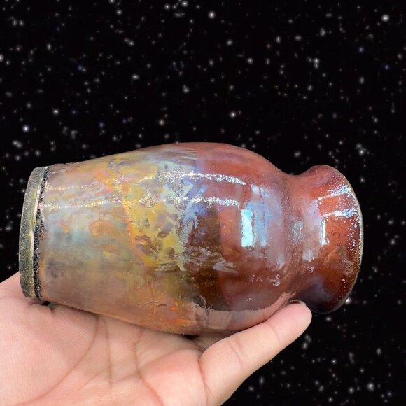 Vintage Raku Studio Art Pottery Vase Iridescent Glaze Hand Made Vessel Signed 5” - Picture 10 of 16